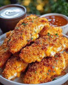 some fried food on a white plate with dipping sauce