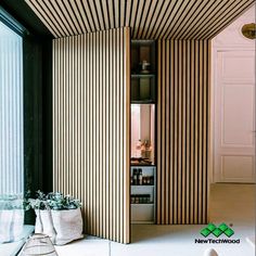 NewTechWood decorative beams - seamless door Banquette Design, Natural Oak Wood, Salon Interior Design, Secret Rooms, Slat Wall, Light Architecture, Ceiling Design, House Inspo, Modern Interior Design