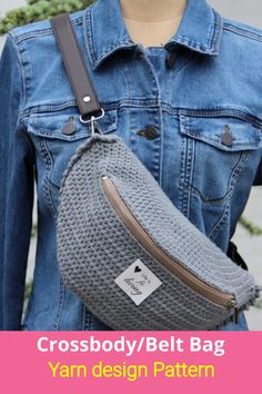 the cross body belt bag is made from yarn and has a zippered closure on it