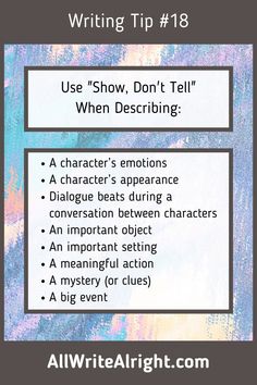 Want to learn more about what it means to "show, don't tell?" Take a look at this article! Character Appearance, Show Don't Tell, Creative Writing Exercises, Show Dont Tell, Writing Fiction