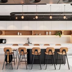 the kitchen is clean and ready to be used for dinner or lunch time, with modern lighting