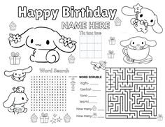 a happy birthday coloring page for kids with animals and cupcakes in the background