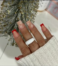 Red Christmas nails insp Christ nail ideass Christmas Nail Design On Short Nails, Short Christmas Nail Designs Easy, Chrismath Nails, Subtle Red Christmas Nails, Coffin Nails Designs Christmas, Red French With Snowflake, Christmas Themed Nails Short, Christmas Nail Inspo Coffin, Red Winter Acrylic Nails