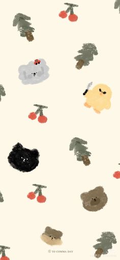 an image of many different animals on a white background with red berries and leaves in the foreground