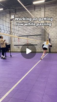 two women playing volleyball in a gym with the caption working on getting low while passing