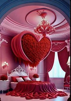 a heart shaped bed in the middle of a room