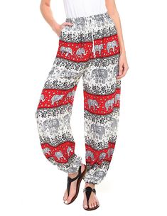 Red Elephant Print Harem Pants with Elastic Bottom | Off-White | Split-Skirts-Pants, Yoga, Vacation, Beach, Printed, Elephant Casual Red Harem Pants With Relaxed Fit, Red Casual Relaxed Fit Harem Pants, Red Casual Harem Pants For Summer, Casual Red Harem Pants For Summer, Casual Red Printed Pants, Red Relaxed Fit Harem Pants For Summer, Summer Cotton Printed Harem Pants, Red Casual Harem Pants For Loungewear, Casual Red Harem Pants For Loungewear