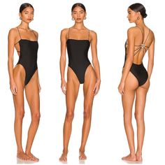 three different views of a woman in a black one - piece swimsuit, from the front to the back