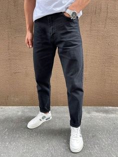 Negro  Collar  Mezclilla Liso Talle alto Embellished No-Elástico Black Jeans Men Aesthetic, Black Straight Jeans Outfit, Carrot Pants Outfit, Black Jeans Outfit Mens, Black Denim Jeans Outfit, Straight Jeans Outfit, Carrot Pants