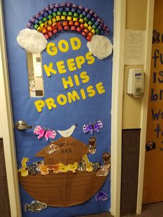 a door decorated with an image of a noah ark and the words god keeps his promise