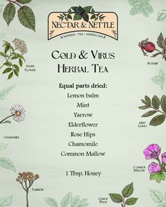 a menu for cold and virtus tea with various flowers on it, including leaves