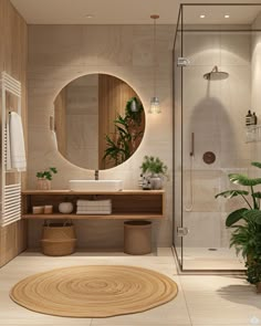 a bathroom with a large round mirror on the wall and a plant in the corner