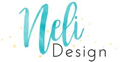 the words meli design are painted in blue and gold dots on a white background