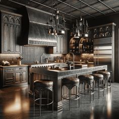 a large kitchen with an island and stools in the center, surrounded by dark wood cabinets