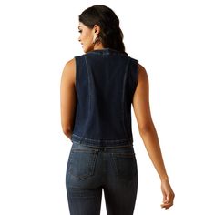 This chic denim vest can be styled so many ways. Wear it alone, layer it with an oversize button-down, or pair it with the matching blazer and jeans for a sophisticated look. Fitted with a bit of stretch, it has cute welt pockets and a three-button front. Tailored Vest | Product Features : 0 : Cropped length | Women's Tailored Vest in Midnight 9.75 oz ring-spun denim. Stretch. 93% Cotton, 5% Polyester, 2% Lycra® Spandex Elastane. Imported, Size: Large by Ariat Tailored Vest, Womens Cowgirl Boots, Womens Work Boots, Body Stretch, Boots Store, Denim Chic, Mens Cowboy Boots, Cowboy Boots Women, Dark Blue Denim