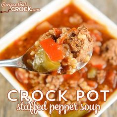 a spoon full of crock pot stuffed pepper soup