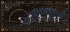 an image of some people dancing in front of a sky with stars and a rainbow