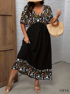 Ebeek - Professional Plus Size Womens Casual Dress: Colorblock Ditsy Print Short Sleeve V Neck Maxi Dress Spring Black Spliced Midi Dress, Black Spliced Midi Dress For Spring, Casual V-neck Splicing Dress, Casual V-neck Dress With Splicing, V-neck Splicing Beach Dress, Casual Beach Dress With Splicing, V-neck Beach Dress With Splicing, V-neck Splicing Dress For Beach, Contrast Color Beach Dresses For Spring