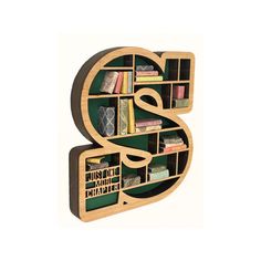 the letter e is made out of wood and has bookshelves on each shelf