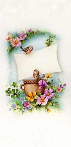 a painting of flowers and birds with a blank sign