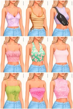 six different types of women's crop tops in various colors and sizes, with the same