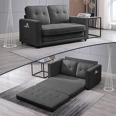 two different views of a living room with grey couches and ottomans on the floor