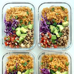 four plastic containers filled with different types of food and veggies on top of each other