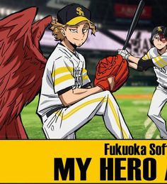 an anime character holding a baseball bat in front of another character with wings on the field