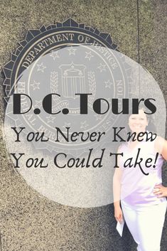 a woman standing in front of a building with the words d c tours you never knew you could take