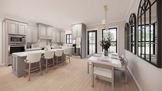 an artist's rendering of a kitchen and dining room in a house with white furniture