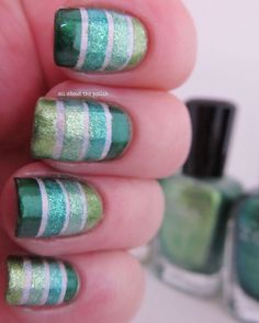 Zoya Greens, stripes, nail design Back Challenge, Nail Polish Ideas, French Manicure Designs, Funky Nail Art, Zoya Nail, Zoya Nail Polish, Green Nail Polish, Green Nail, Polish Ideas