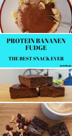 chocolate brownies with peanut butter on top and the words protein banana fudge above them