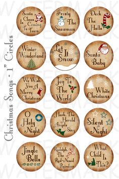 christmas buttons with santa claus, snowman and other holiday related words on them in different colors