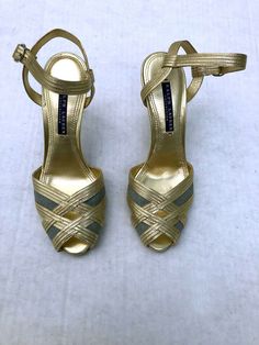 90s Heels, Gold High Heel Sandals, Foot Games, Sandals Gold, Open Toe Heels, Silver Sandals, Ralph Lauren Collection, Shoe Show, Metallic Leather