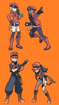 four different poses of the same character in an animated video game, with orange background