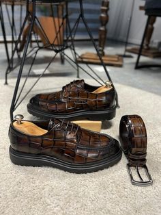 Sardinelli Cadiz Brown Crocodile Pattern Derby Shoes Gentleman's Wardrobe, Brown Shoes, Crocodile Pattern, Brown Belt, Eva Sole