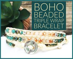 "💕 Colorful beads! 🌟 Adjustable! This beaded wrap bracelet is perfect for the Summer! Paired with your favorite boho jean shorts and tee... wow! 😍 A triple wrap bracelet that features neutral, off-white colored cording woven with faceted green and peach colored beads. It is a total of 26 inches to wrap around your wrist three times and secured with a silver toned button and loop closure. The knotted end can be adjusted to make your perfect fit! This is my go-to bracelet for all my summer BBQs and trips to the Jersey shore! 🎁 💝 Giving as a gift? Why not make it extra special by adding on a personalized, laser engraved tag to your packaging! Select the \"Gift Wrapping\" option at check out and add your special text for that special someone in the \"Notes\" field. Or send me a message! ? Triple Wrap Bracelet, Laser Engraved Gifts, Boho Wrap Bracelet, Personalized Leather Bracelet, Double Wrap Bracelet, Wrist Wrap, Wrap Bracelets, Bohemian Bracelets, Engraved Gifts