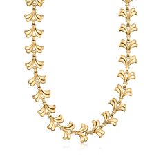 C. 1940 Vintage Tiffany Jewelry 14kt Yellow Gold Leaf Necklace. 16". C. 1940. Bask in the luxurious movement and timeless Retro-era beauty of an heirloom-quality designer showpiece. From Tiffany Jewelry and presented as part of our Estate collection, this sumptuous 14kt yellow gold leaf necklace takes elegant inspiration from nature to create an outstanding ornamental design. Includes a 2" extender. Springring clasp, Tiffany Jewelry 14kt yellow gold leaf necklace. Exclusive, one-of-a-kind Estate Jewelry. Classic Evening Necklaces With Polished Finish, Classic Evening Necklace With Polished Finish, Classic Polished Evening Necklaces, Classic Polished Necklace For Evening, Classic Polished Finish Necklace For Evening, Classic Evening Necklace With 17 Jewels, Classic Evening Necklaces, Timeless Gold Necklace For Evening, Gold Art Deco Jewelry For Formal Occasions