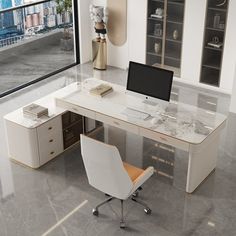 an office desk with a computer on it in front of a large window overlooking the city