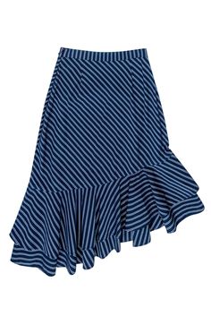 Get this ultra-chic skirt from Joie to live that Parisian fantasy today! Great for wearing with all your casual favorites, stay comfortable and en vogue with this asymmetrical ruffled piece that is sure to be your new weekend, downtown go-to! Size 2 98% Cotton, 2% Spandex Midi length Ruffled hem Striped throughout Hidden side zipper Waist 24" Total length 26" Casual Asymmetrical Skirt With Ruffle Hem, Blue Flared Skirt With Ruffle Hem, Chic Blue Bottoms With Ruffle Hem, Blue Asymmetrical Ruffled Skirt, Blue Asymmetrical Hem Skirt With Relaxed Fit, Summer Skirt With Asymmetrical Ruffle Hem, Blue Asymmetrical Hem Flowy Skirt, Chic Skirt With Asymmetrical Ruffle Hem, Trendy Blue Asymmetrical Skirt