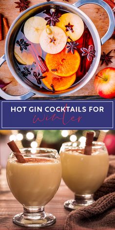 hot gin cocktails for winter with apple cider and cinnamon sticks on the side