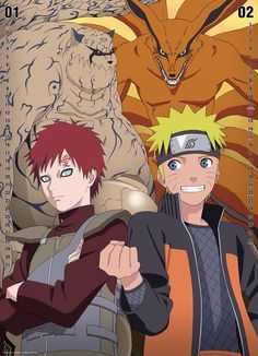 two anime characters standing next to each other in front of a large monster and another character