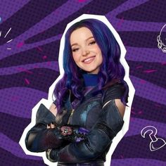 a woman with purple hair and black leather outfit standing in front of a purple background