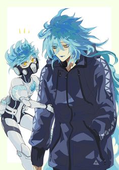 two anime characters with blue hair standing next to each other in front of a white background