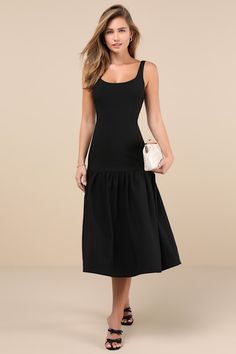 Charming yet elevated, the Rare London Elegant Influence Black Sleeveless Drop Waist Midi Dress is an effortless pick! This classic dress has a midweight woven fabrication that shapes a flattering scoop neckline and back, supported by slender straps. Princess seams adorn the figure-skimming silhouette as it falls to an A-line skirt with a trendy drop waist design. Chic midi hem completes the look. Hidden back zipper/clasp. Fit: This garment fits true to size. Length: Mid-calf length. Size medium measures 47.5" from shoulder to hem. Bust: Great for any cup size. Waist: Fitted - very fitted at natural waist. Hip: Not Fitted - fuller skirt allows room for hips. Undergarments: May be worn with a strapless bra, adhesive bra, petals, or no bra. Fabric: Fabric has no stretch. Lined. Shell: 92% Po Adhesive Bra, Princess Seams, Classic Dress, Princess Seam, Strapless Bra, Black Sleeveless, Drop Waist, Large Size Dresses, Full Skirt