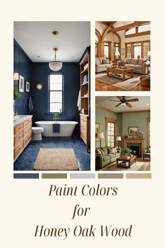 the cover of paint colors for honey oak wood, with pictures of furniture and decor