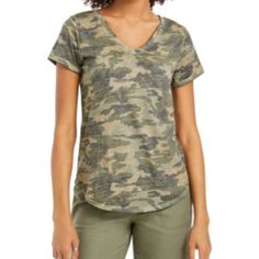 Style&Co Oceana Camo Cap Sleeve V-Neck Knit Women’s Small T-Shirt. New With Tags. Colors- Oceana Camo (Green Camo) Wash Before Use Made In Indonesia Made Of Cotton And Polyester Machine Washable Measurements Taken With Item Laid Flat Shoulders: 15” Chest: 18 ½” Front L: 25” Back L: 27” Hem Opening: 20 ¼” If You Have Questions Regarding This T-Shirt, Please Send Me A Message. I'll Get Back To You Asap. Thank You. Casual Cotton Stretch V-neck Top, Casual Stretch Cotton V-neck Top, Casual Cotton V-neck Top For Loungewear, Tops Style, Green Camo, Get Back, Green And Brown, Cap Sleeve, Women's Style