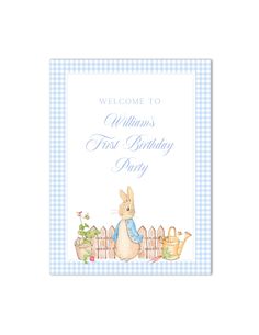 a blue and white birthday card with an image of a bunny sitting on a fence