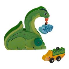 two toy vehicles are shown in the shape of animals and alligators, one is green and the other is yellow