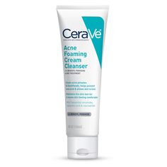 CeraVe Acne Foaming Cream Cleanser is developed with dermatologists. This foaming, creamy cleanser - with 3 essential ceramides - Cleanses and helps clear acne while leaving skin feeling soft and comfortable. This gentle, yet effective cleanser instantly dissolves dirt and oil without stripping skin of its natural moisture, helping to maintain the protective skin barrier. Skin will look and feel smoother and more clarified. | CeraVe Acne Foaming Cream Cleanser, Acne Treatment Face Wash with 4% B Acne Foaming Cream Cleanser, Cerave Cleanser, Cerave Skincare, Forehead Acne, Acne Face Wash, Acne Skincare Routine, Acne Cleansers, Foaming Facial Cleanser, Acne Cream